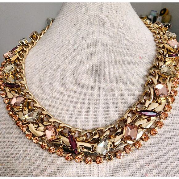 NECKLACE-CHOKER-COLLAR-BANANA REPUBLIC-Gold-Multi Rhinestones-Bling-Classic - Picture 4 of 16